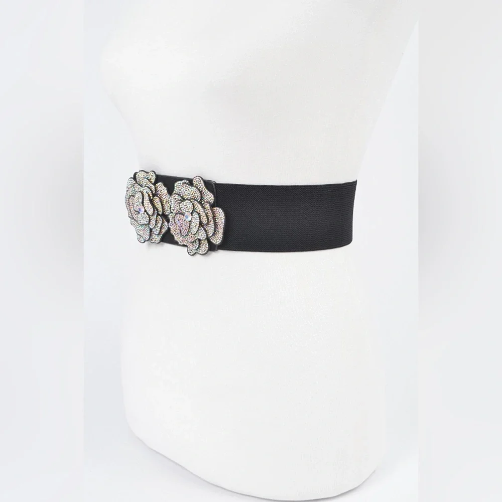 Black Wide Waist Statement Belt with Silver Rhinestone Flowers